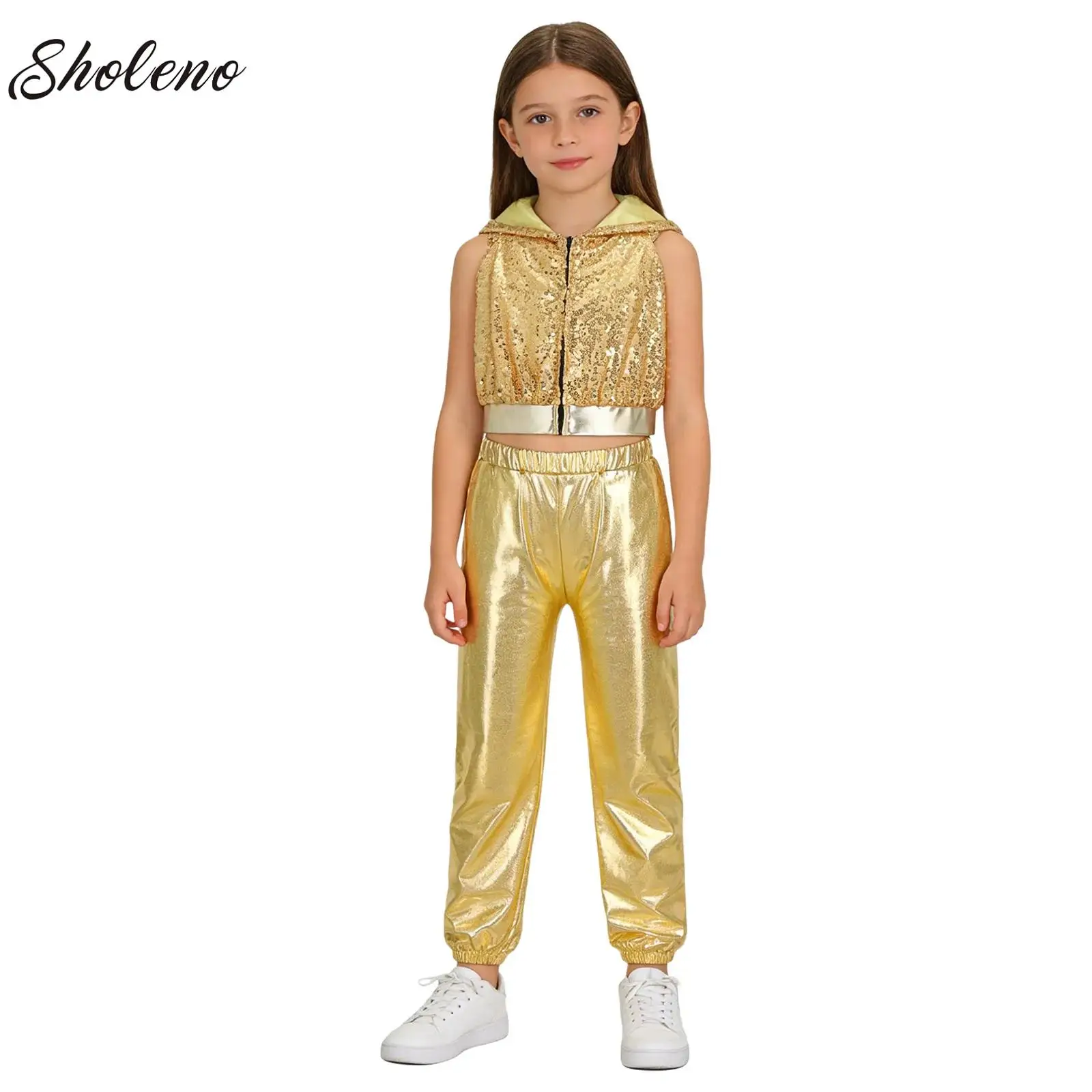 

Kids Girls Jazz Hip-Hop Street Dance Performance Costume Metallic Shiny Long Sleeve Athletic Jacket Coat with Pants Outfits