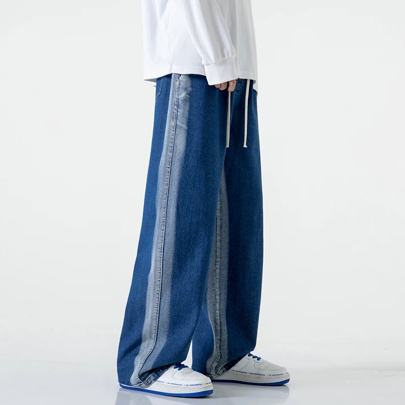 Celana Jeans Pria Model Baggy Straight Fashion Motif Garis Tie Dye Pinggang Elastis Tali Serut Kasual Vintage Denim Streetwear