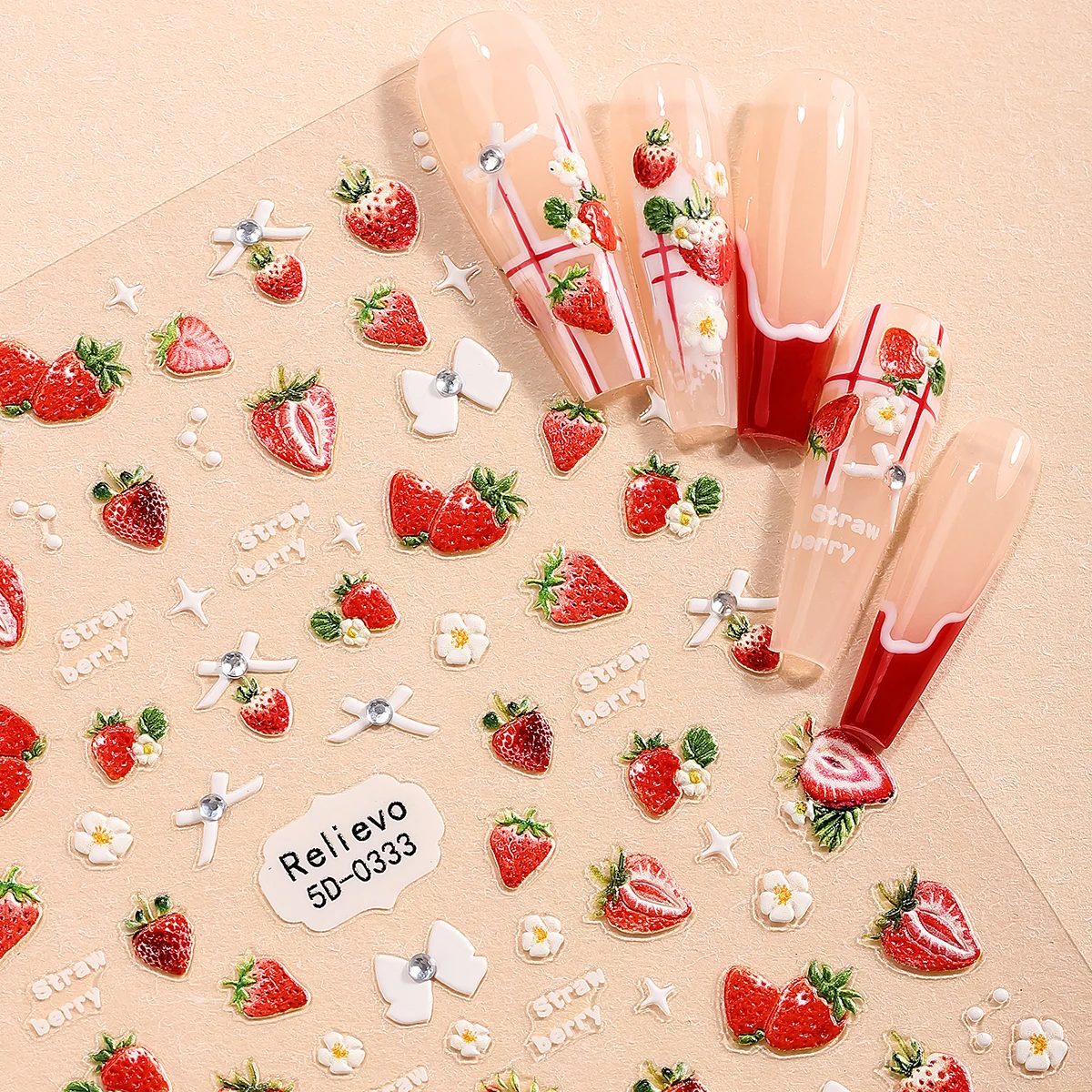 5D ฤดูร้อนผลไม้เล็บสติกเกอร์ลายนูนสตรอเบอร์รี่เชอร์รี่แตงโมกีวี Bownet Self-Adhesive DIY Decals ตกแต่งเล็บ