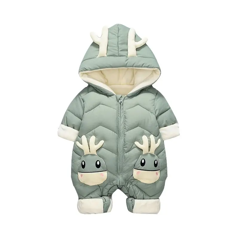 UNIFEMEN 2024 Baby Winter Snowsuit Plus Velvet Thick Baby Boys Jumpsuit 0-2 Years Newborn Boys Cartoon Romper Hooded Overalls