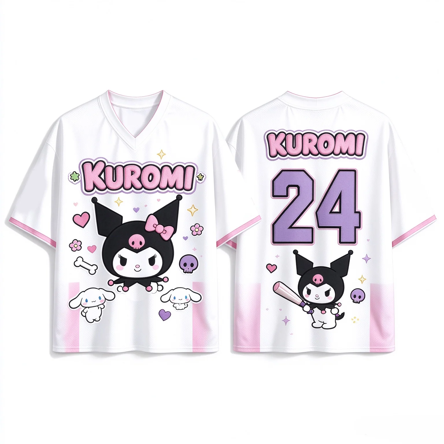 20226 New Women's Stylish Short-Sleeve V-Neck T-Shirt Featuring A Cute Kuromi Print – Original Design for Girls Top