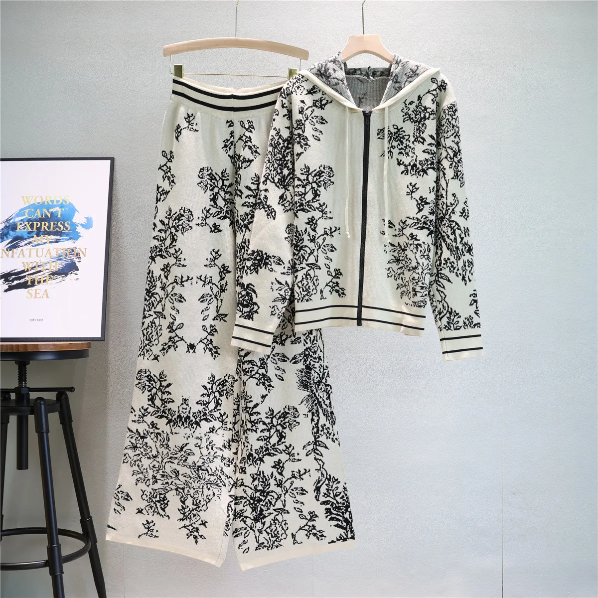 Women Fall Sports Set Long Sleeved Zipper Hooded Cardigan + Elastic High Waist Wide Leg Pants Winter Casual Jacquard Knit Outfit