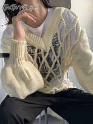 TWOTWINSTYLE Solid Casual Sweaters For Women V Neck Lantern Sleeve Hollow Out Loose Minimalist Pullover Sweater Female Fashion