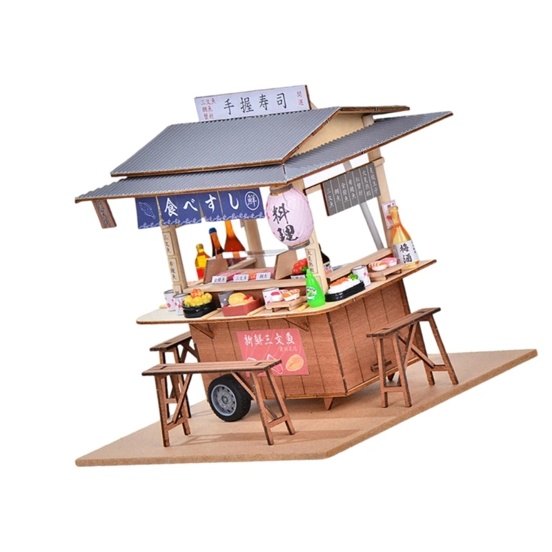 Q0KB Multipurpose Creative Sturdy Wood Materials Sushi Shop Building Set Portable for Model Collectors and Hobbyists Use