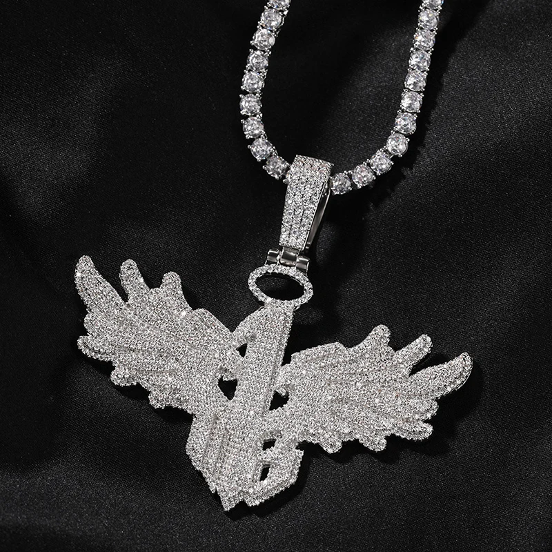 Hip Hop 5A+CZ Stone Bling Ice Out Angel Wing Number 1 Pendant Necklace for Men Rapper Jewelry Gold Silver Color Drop Shipping