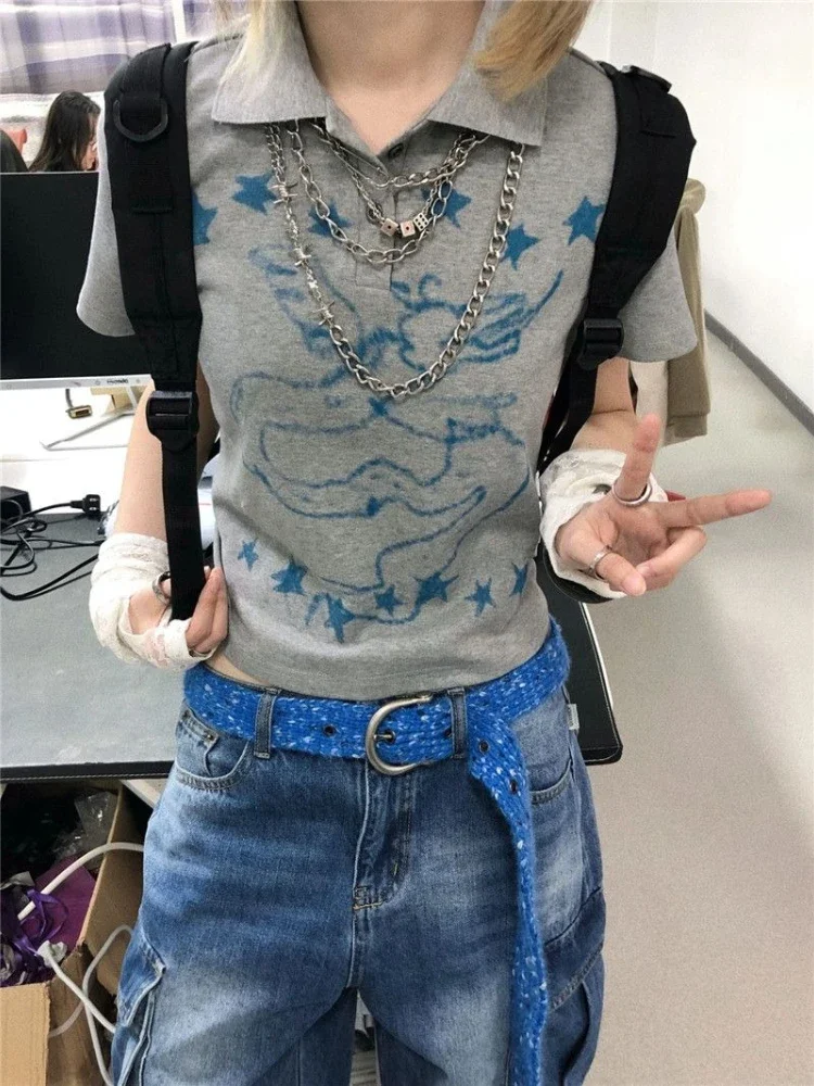 Deeptown Gray Cartoon Print Women Cropped T-Shirts Y2k Short Sleeve Polo Collar American Vintage Tee Slim Harajuku Casual Summer