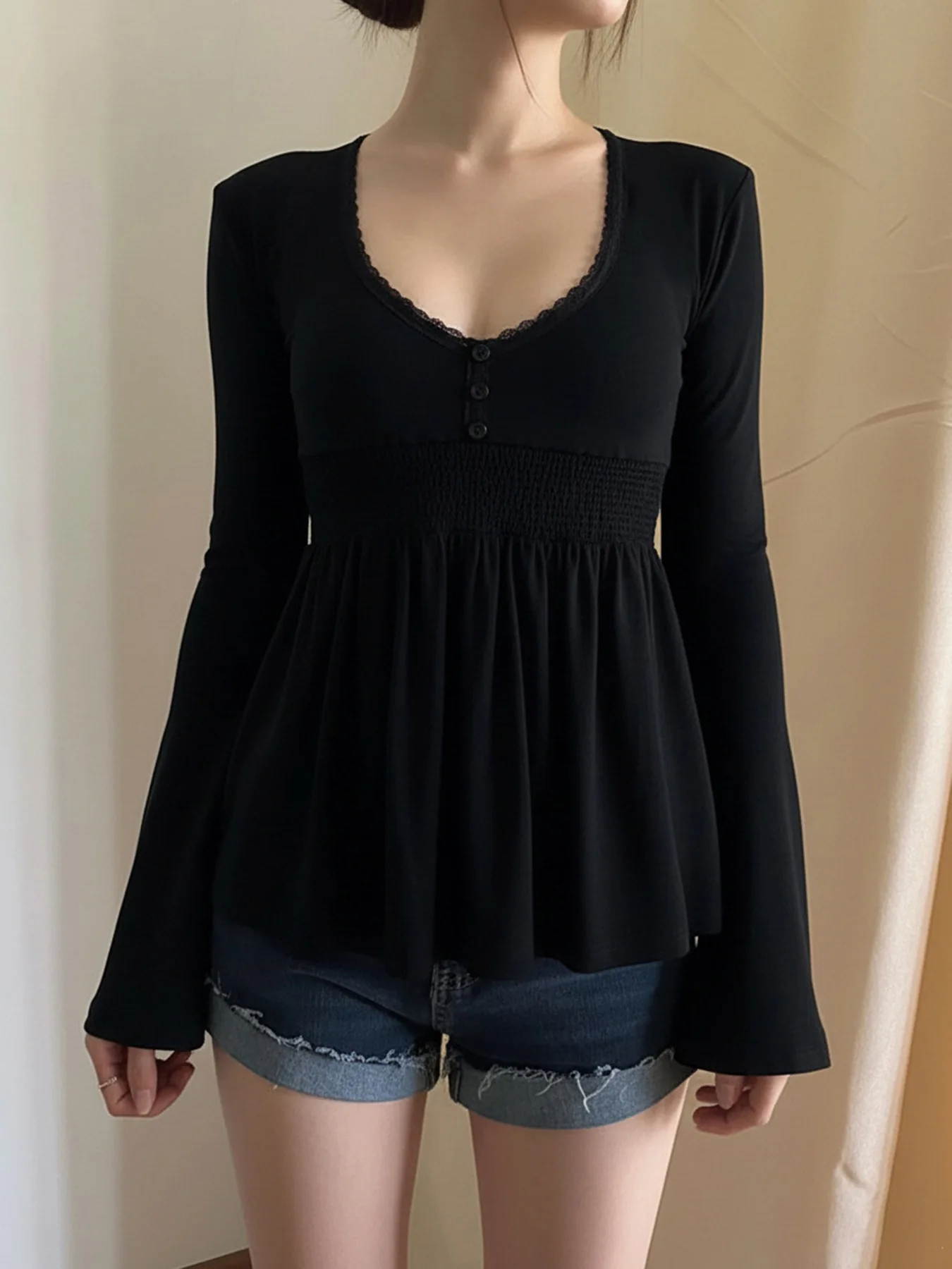 HOUZHOU Women Solid Color Lace Trim T-shirts Black Pink Smocked Waist Long Sleeve Peplum Top Blouse Y2k Casual Slim Fit Blouse