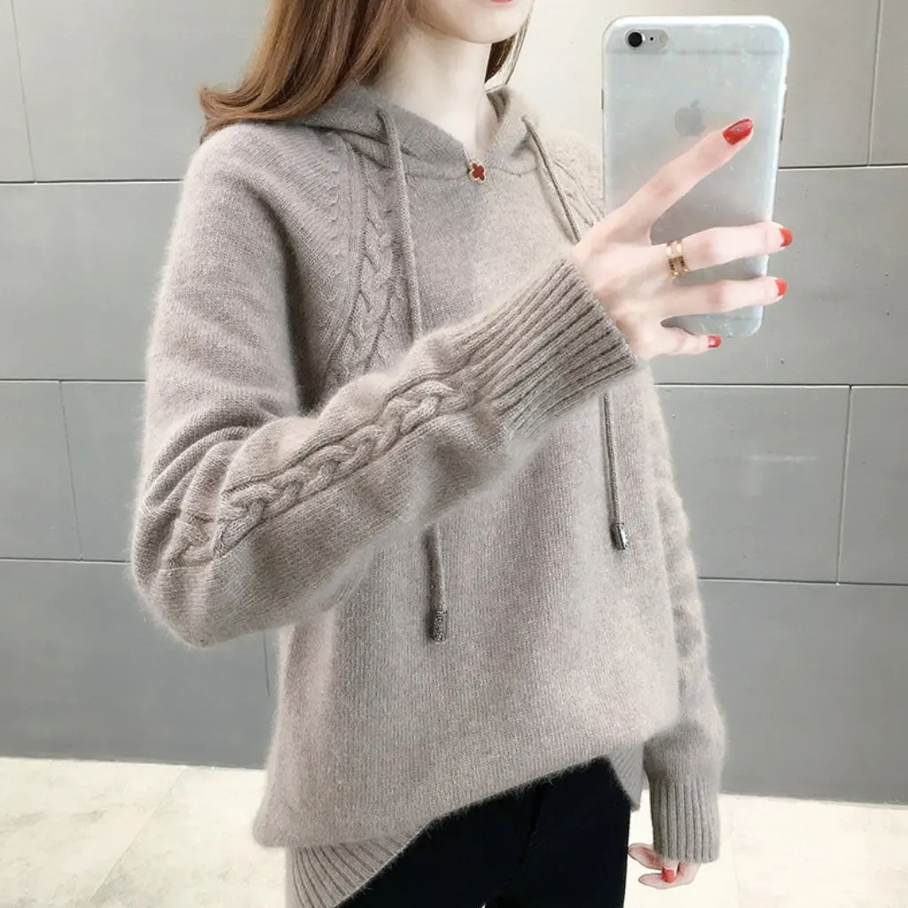 

Women's Lazy Style Loose Pullover Hooded Knitted Sweater Long Sleeve Spring Autumn New Fashion Jacket