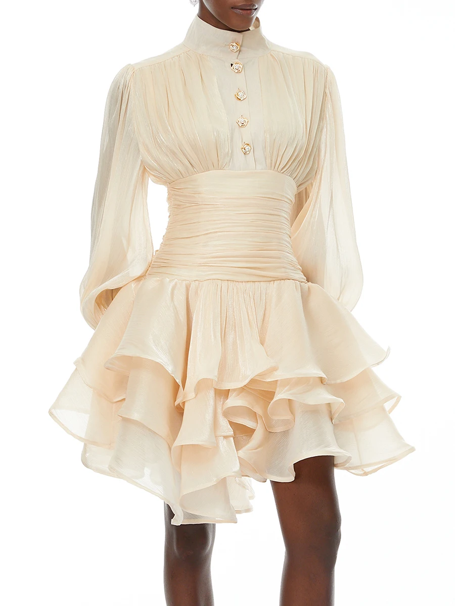 TWOTWINSTYLE Elegant Slimming Spliced Ruffles Folds Mini Dresses for Women Stand Neck Long Sleeves High Waist Dress Female New