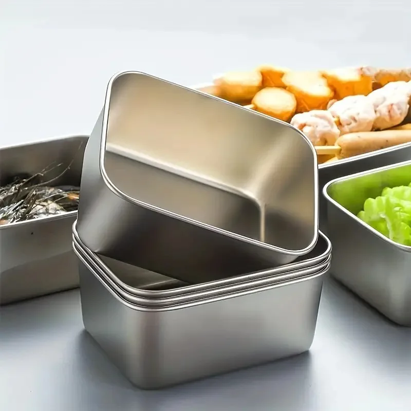 1/4Pcs Stainless Steel Rectangular Food Storage Pan With Lid Thickened Square Plate Dish Tray Freshing Lunch Box Container