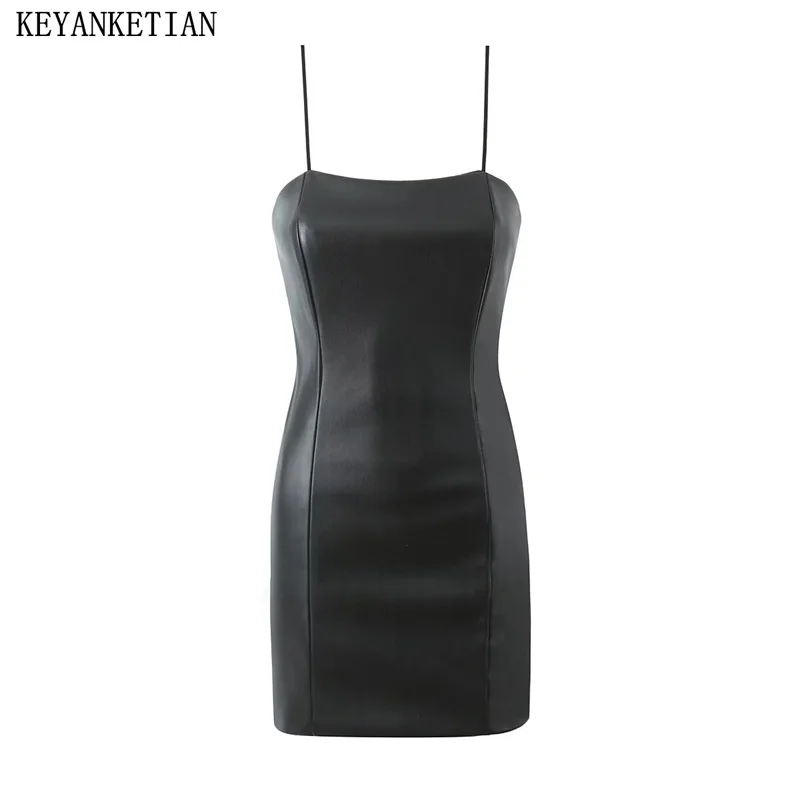 

KEYANKETIAN 2024 New Women's Artificial Leather Halter Dress Black Zipper Sexy Club Slash neck Sleeveless Sheath Mini Dresses