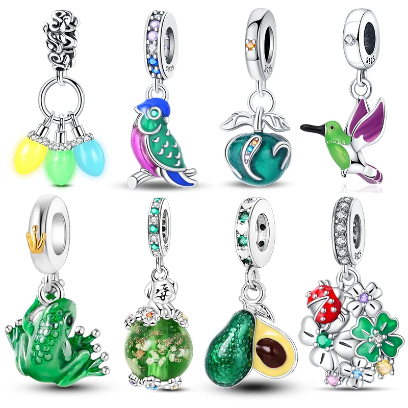 

925 Sterling Silver Beaded Pendant Shiny Green Zircon Art Original 3mm Bracelet Women Fine Jewelry