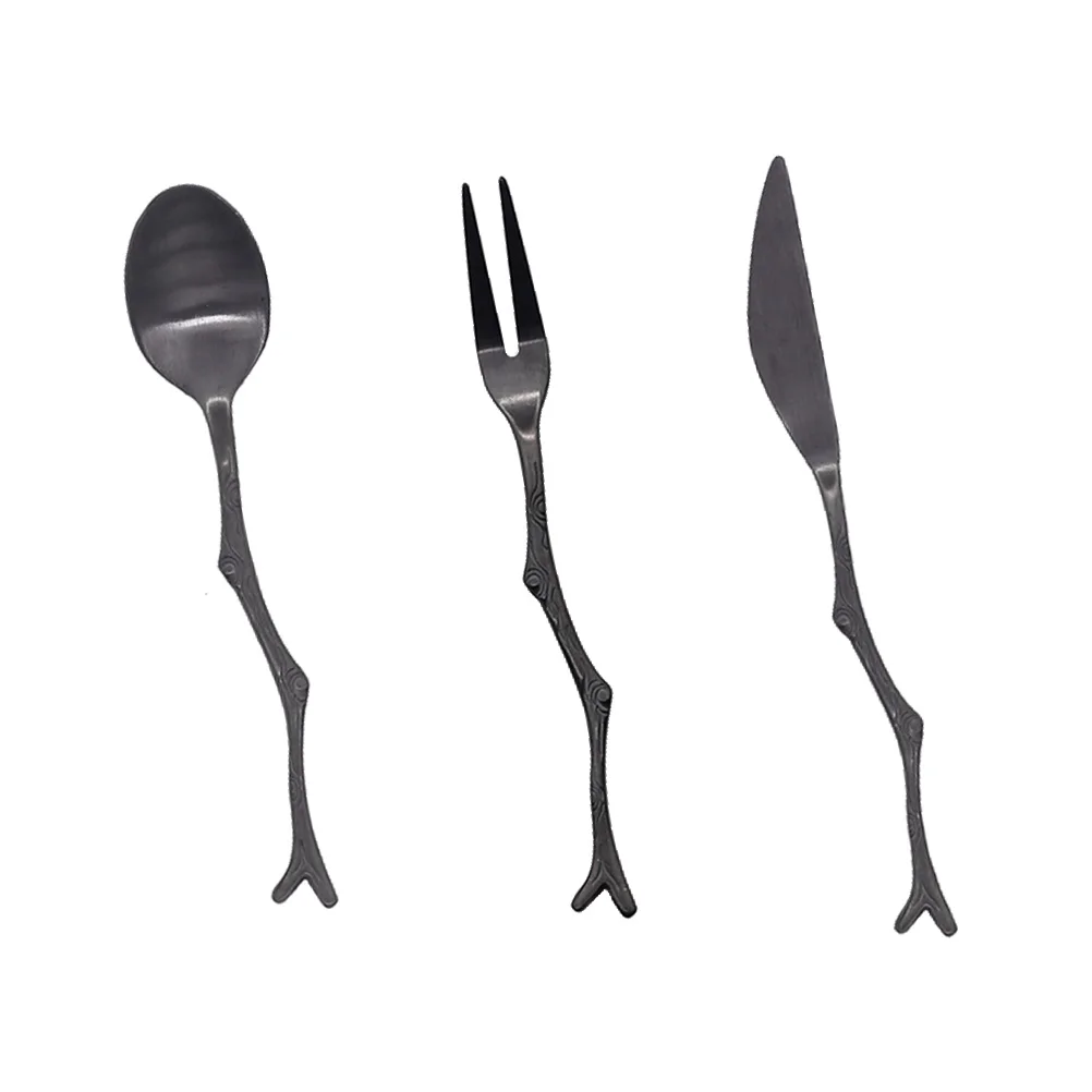 

3pcs Vintage Branch Knife Fork Spoon Set Stainless Steel Cutlery Flatware Travel Picnic Everyday Use Retro Style