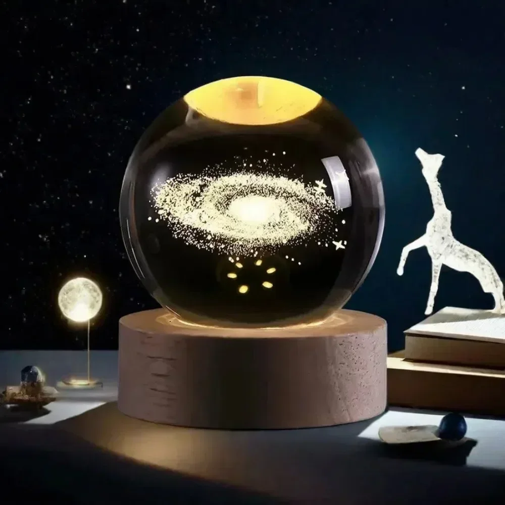 3D хрустальные огни, светящаяся планетарная галактика, ночник, хрустальный шар, ночные огни, прикроватный светильник, домашний декор, Рождественский подарок