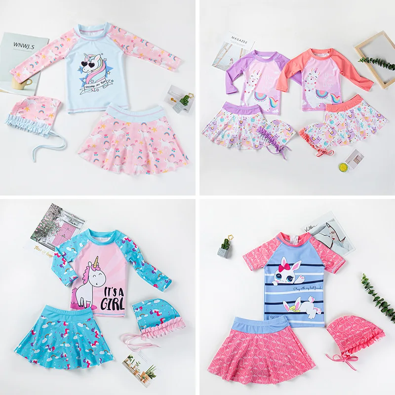 2023 Summer Girls Swimwear Suit Baby Toddler Alpaca Unicorns Rabbit Cartoon Pattern Bodysuit+Cap+Short Dress Three-piece Set