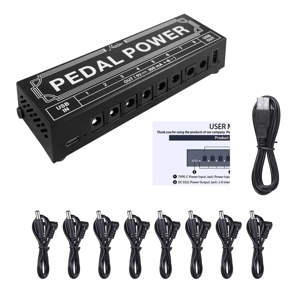 ROWIN Effektpedal-Netzteilquelle, 8 isolierte DC-Typ-C-Eingänge, Ausgänge, 5 V, USB-Ausgang, 9 V, 300 mA, Schutz für Gitarrenzubehör