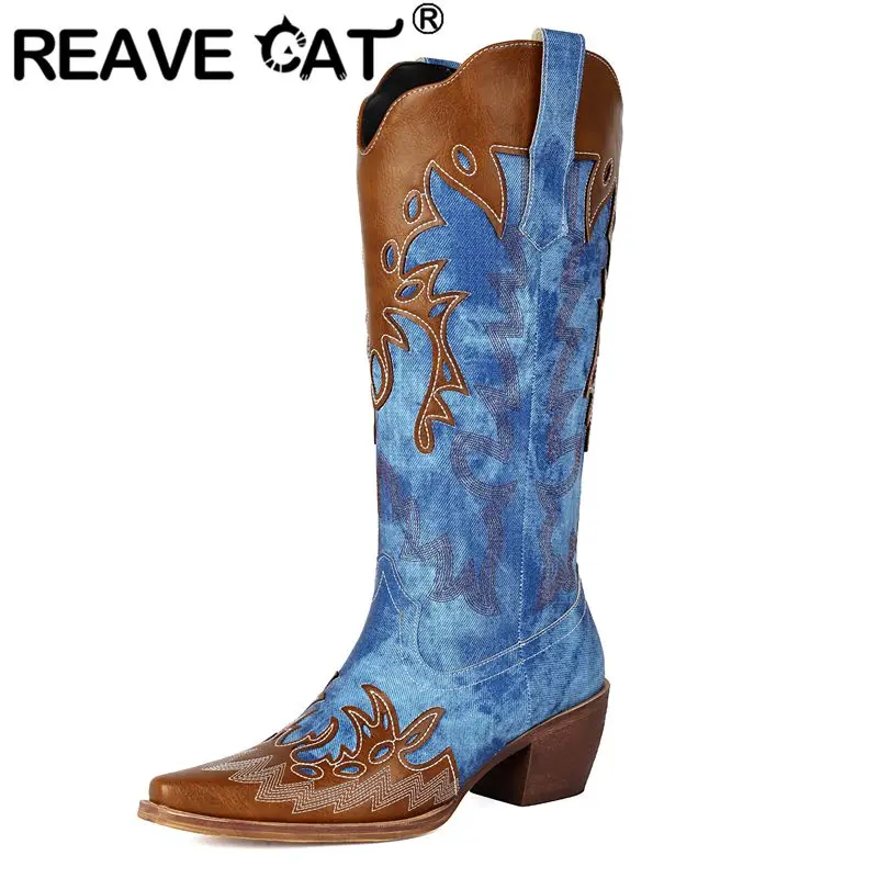 

REAVE CAT Blue Western Boots for Women Square Toe 6cm Block Heels Slip On Mixed Color Large Size 41 42 43 Cowboy Mid Calf Bota