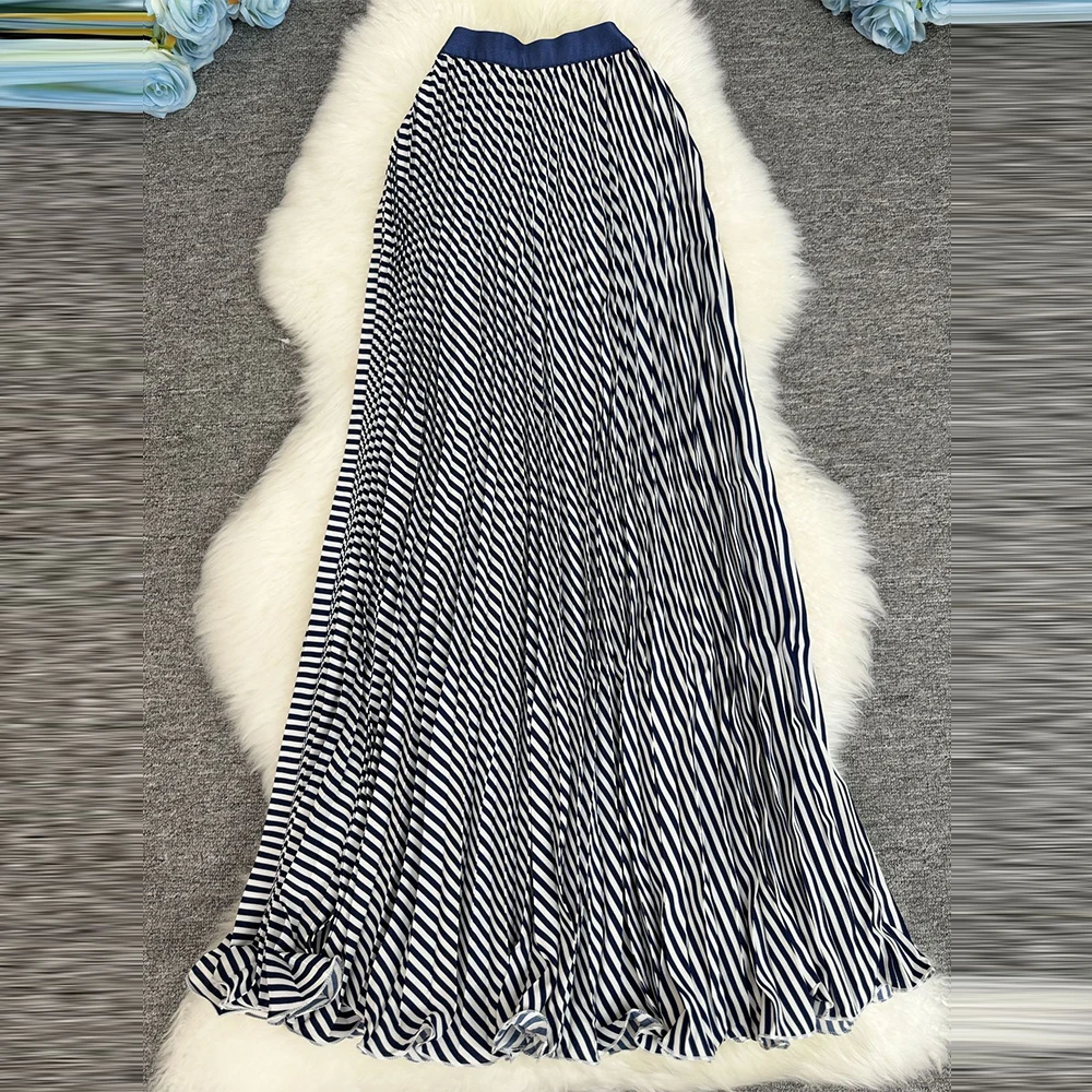 2026 New Polka Geometry Chiffon Pleated Skirt Women Casual Elastic Waist A-line Big Swing Boho Beach Long Skirt