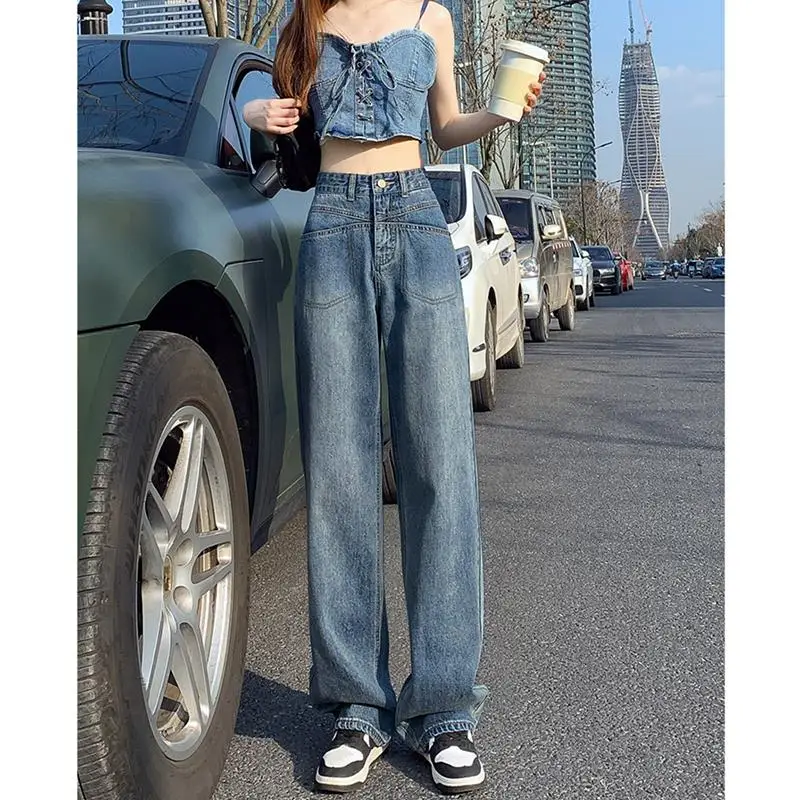 

High Waist Wide Leg Jeans Women plus Size 200 Pou Slimming Faionable Straight Long Pants Casual Wear All Seasons