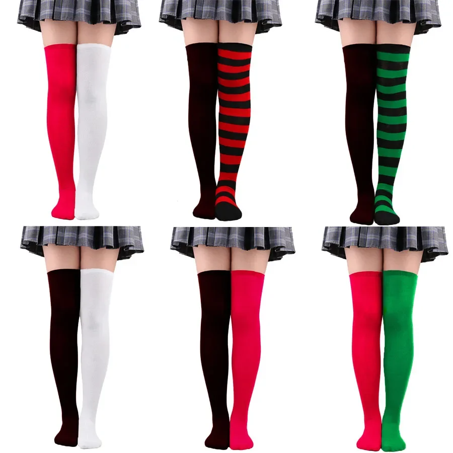 Women Two Toned Clown Thigh High Socks Striped Stockings Long Tube Over Knee for Fancy Dress Party Anime Cosplay Costume