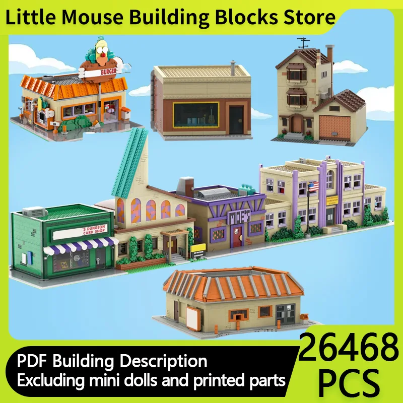 Modelo de Anime Popular, ladrillo de construcción MOC, tienda de béisbol Springfield, tienda de hamburguesas, escuela, Iglesia, vacaciones modulares, traje de juguete para montar