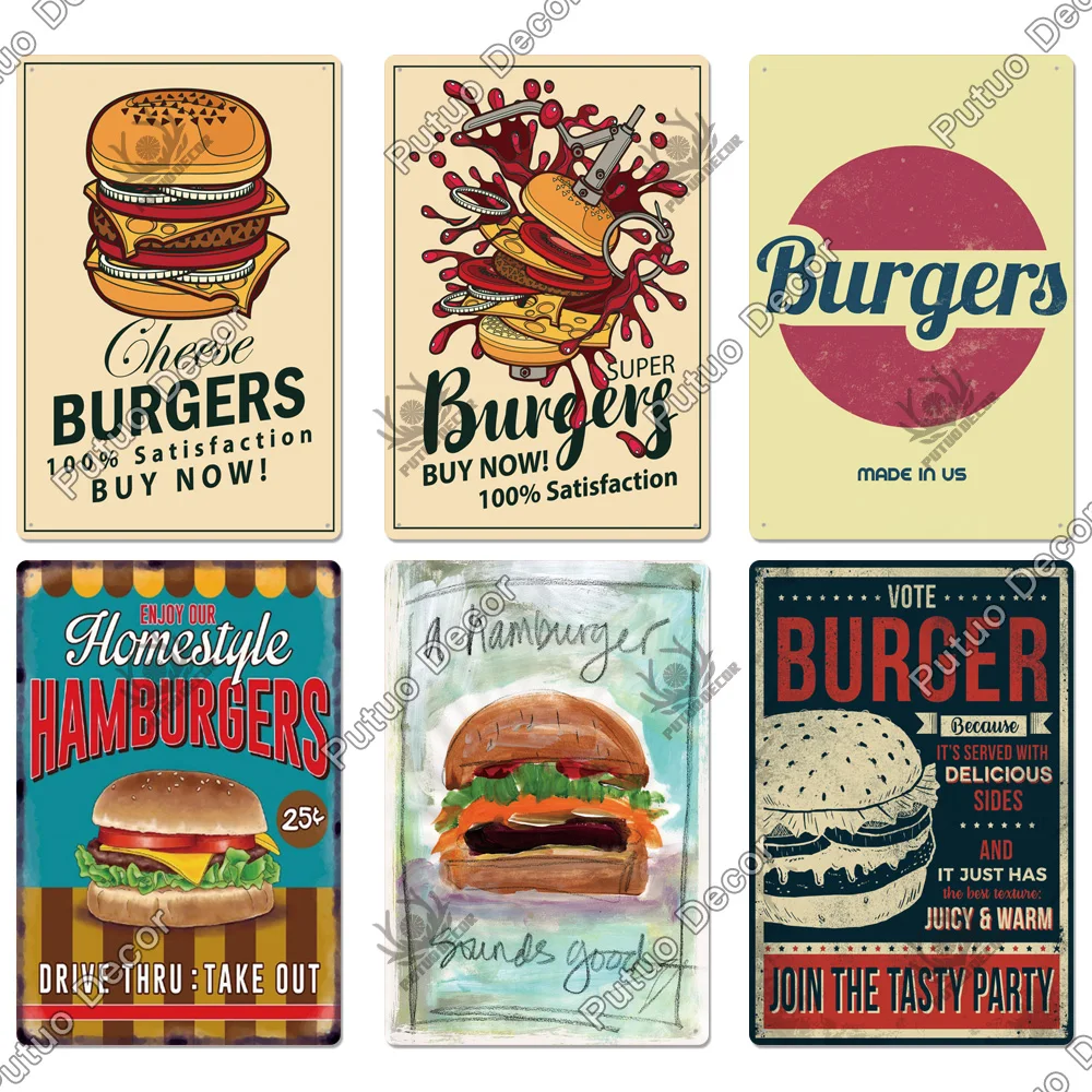 Putuo Decor Hamburger Fast Food Plaque Metal Vintage Tin Sign Restaurant Wall Posters for Kitchen Cafe Diner Bar Iron Painting