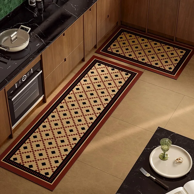 Kitchen Carpet Checkerboard Plaid Mid-century Modern Style Kitchen Floor Mat Non-slip Waterproof Oil-proof Rugs Home Decoration