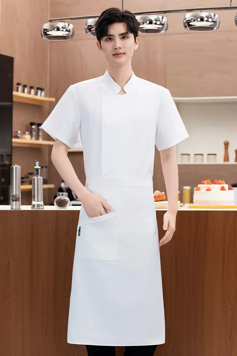 Chaqueta de Chef de manga corta para hombre, uniforme negro con delantal, abrigo de Chef de cocina de malla transpirable, ropa de trabajo, accesorios de chef