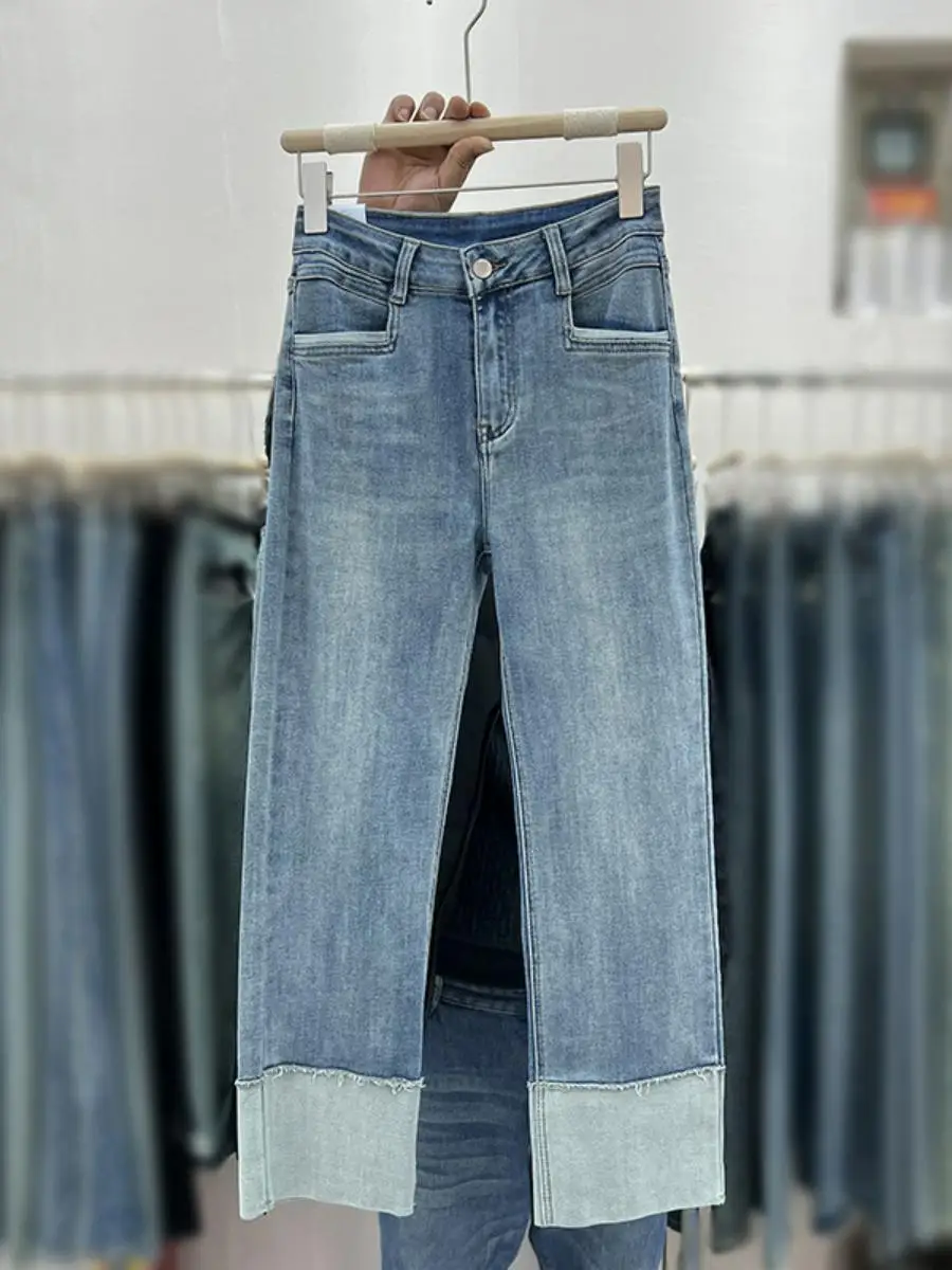 

High Waist Straight Leg Denim Jeans Women's Color Blo Design Slim Fit Nine Points Elastic Cigarette Pants Autumn Season