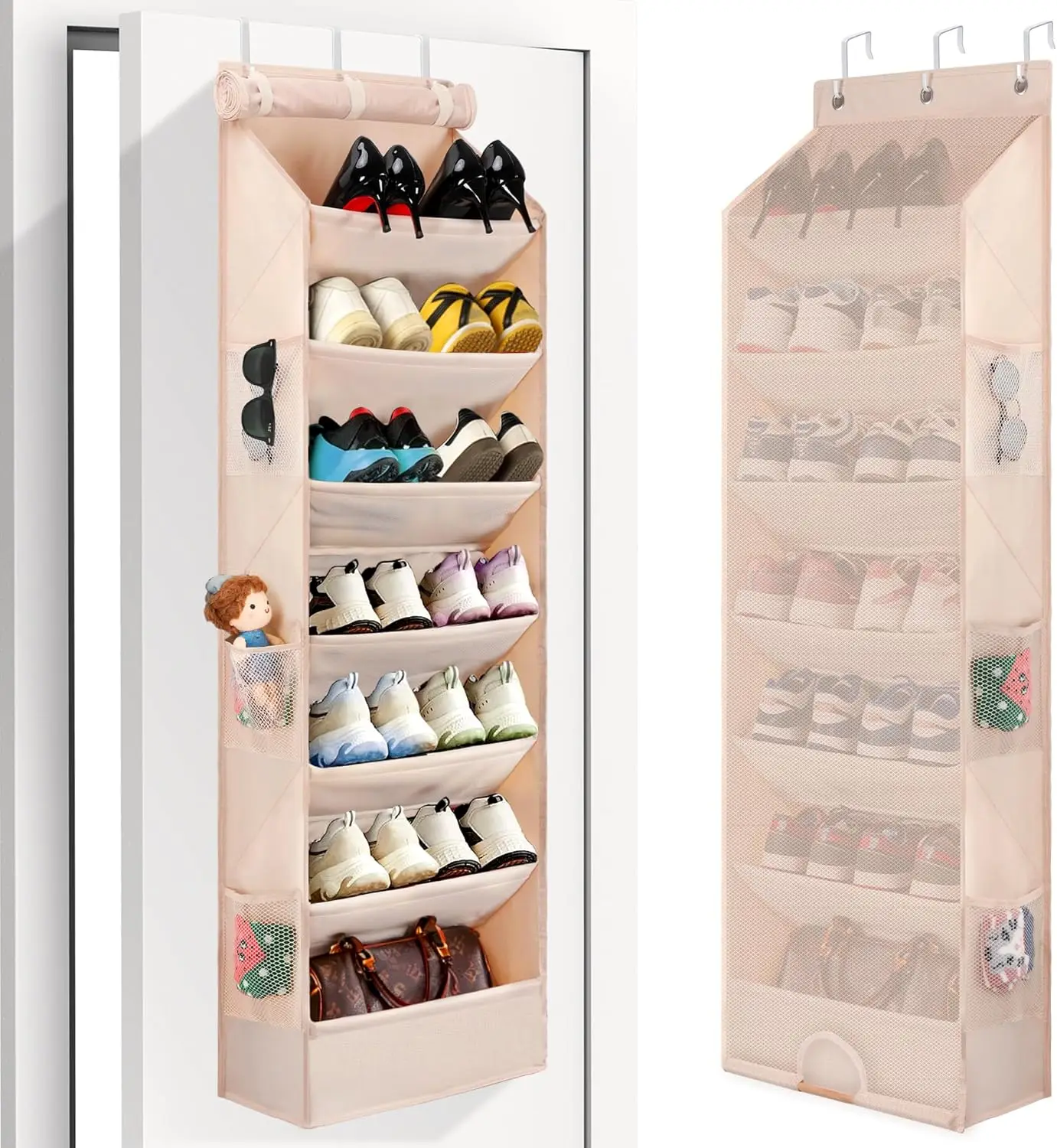

7 Tier Over The Door Shoe Organizer, Hanging Shoe Rack for Closet with Dustproof Mesh Curtain & 6 Side Pockets, Behind The Do