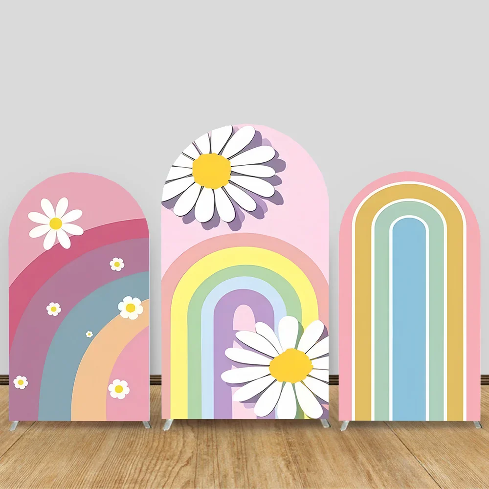 

Custom 2-Sided Groovy Daisy Rainbow Girl Birthday Party Baby Shower Covers Chiara Arch Background Decor Backdrop Photo
