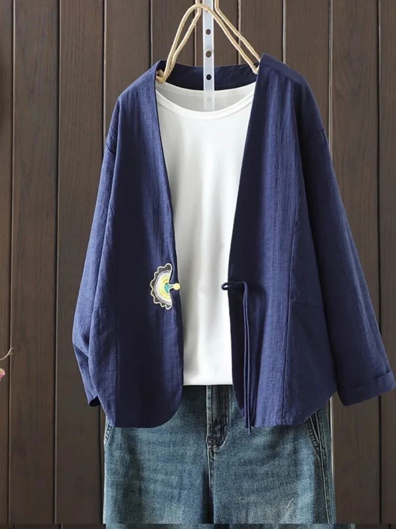 Women's Spring Fashion Cotton Linen Embroidery Cardigan Good Quality Breathable V-neck Short Version Relax Fit Japan Style Coats