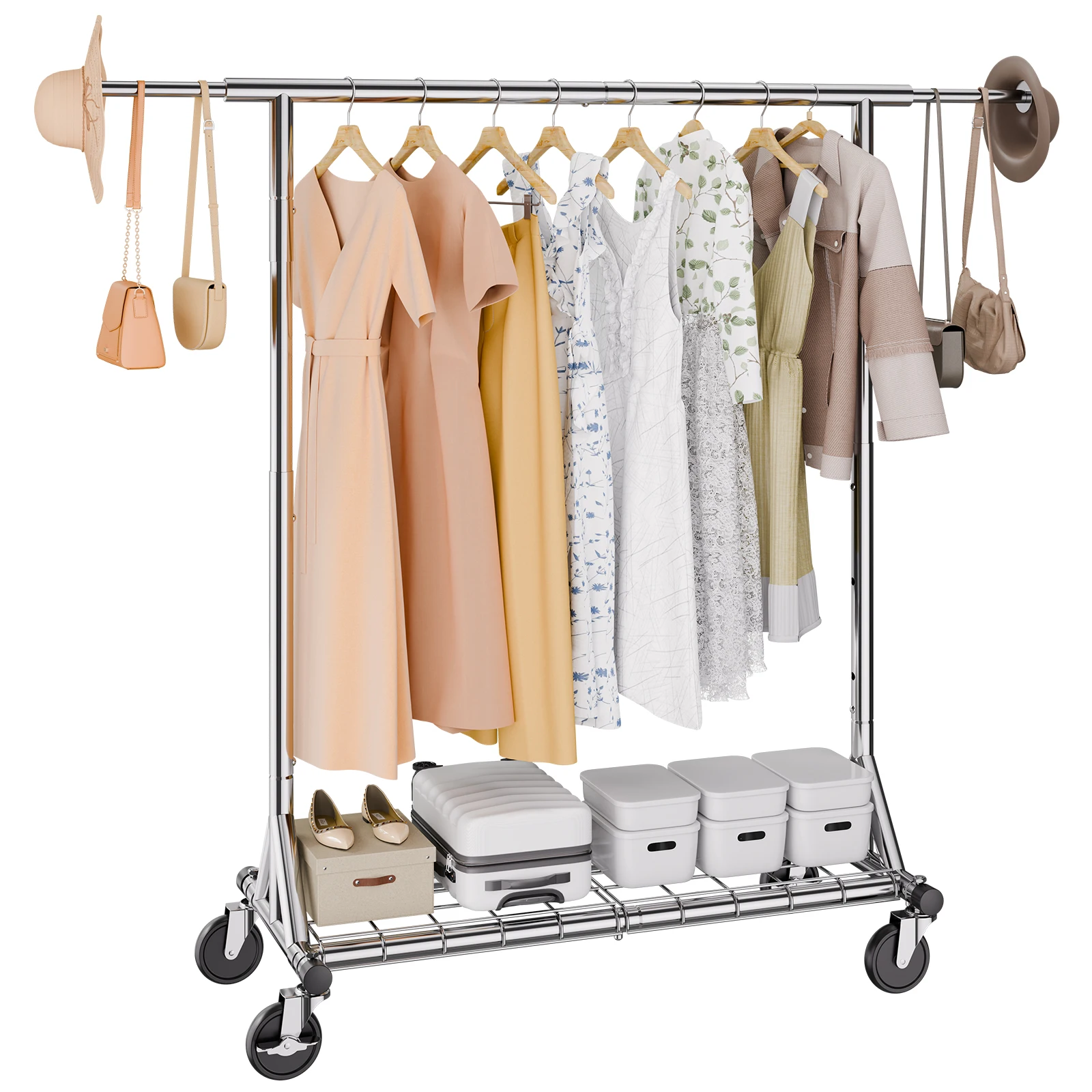 SucceBuy Clothing Garment Rack Heavy Duty Clothes Rack Adjustable Length Clothes Rack w/ Bottom Shelf & Wheels for Laundry Room