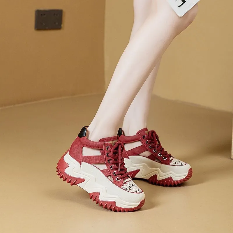 Women's Chunky Platform Dad Sneakers Color Block Hollow Out Breathable Height Increasing Casual Sport Shoes Summer 2026