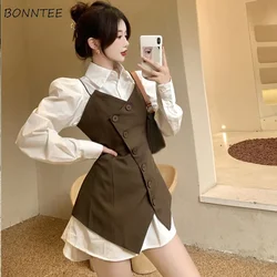 Sets Women Elegant Puff Sleeve Streetwear Single Breasted Trendy Fit Harajuku Korean Style Breathable Coffee Popular Ins Casual