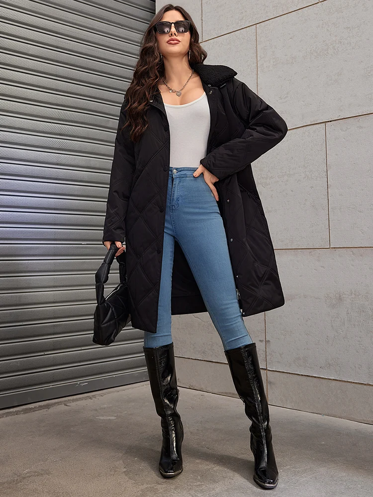 Cinemore Damesjas Herfst 2025, Warme Lange Parka's Revers Bovenkleding Vrouwelijke Kleding Mode Lange Warme Jas Dames Gewatteerde Jas