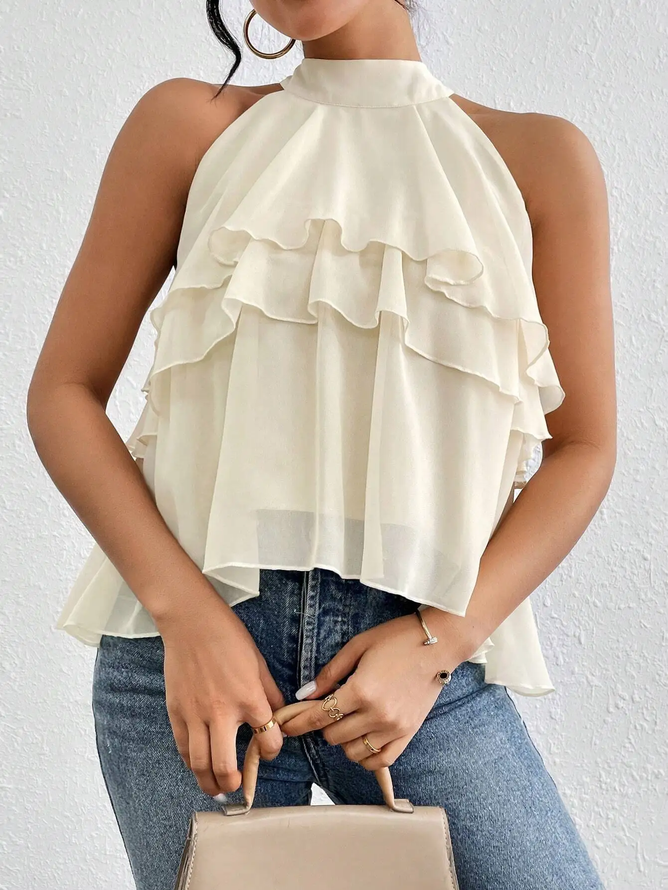 

Cream Halter Neck Ruffled Chiffon Blouse for Summer Vacation