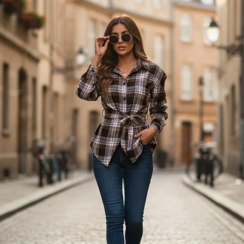 

Women Spring Autumn Casual Plaid Shirt Turn-Down Collar Long Sleeve Waist Tie Design Fashion Blouse For Daily Wear Street Style