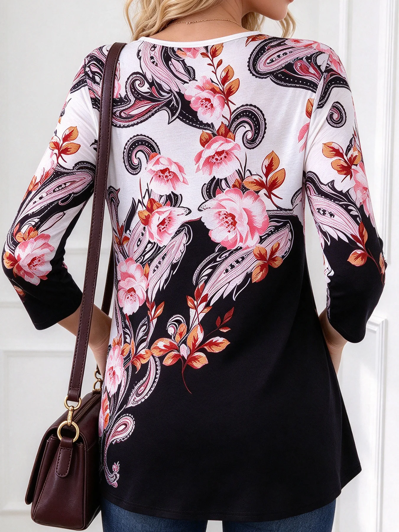 Women's 3/4 Sleeve Floral Tunic Top, Criss Cross Hollow Neck, Elegant Paisley Flower Print, Loose A-line Hem, Soft Stretchy Fabric. Casual Long Blouse Shirts for Daily, Office, Party. Plus Size Available, Flattering to Hide Belly, Perfect Match with Jeans