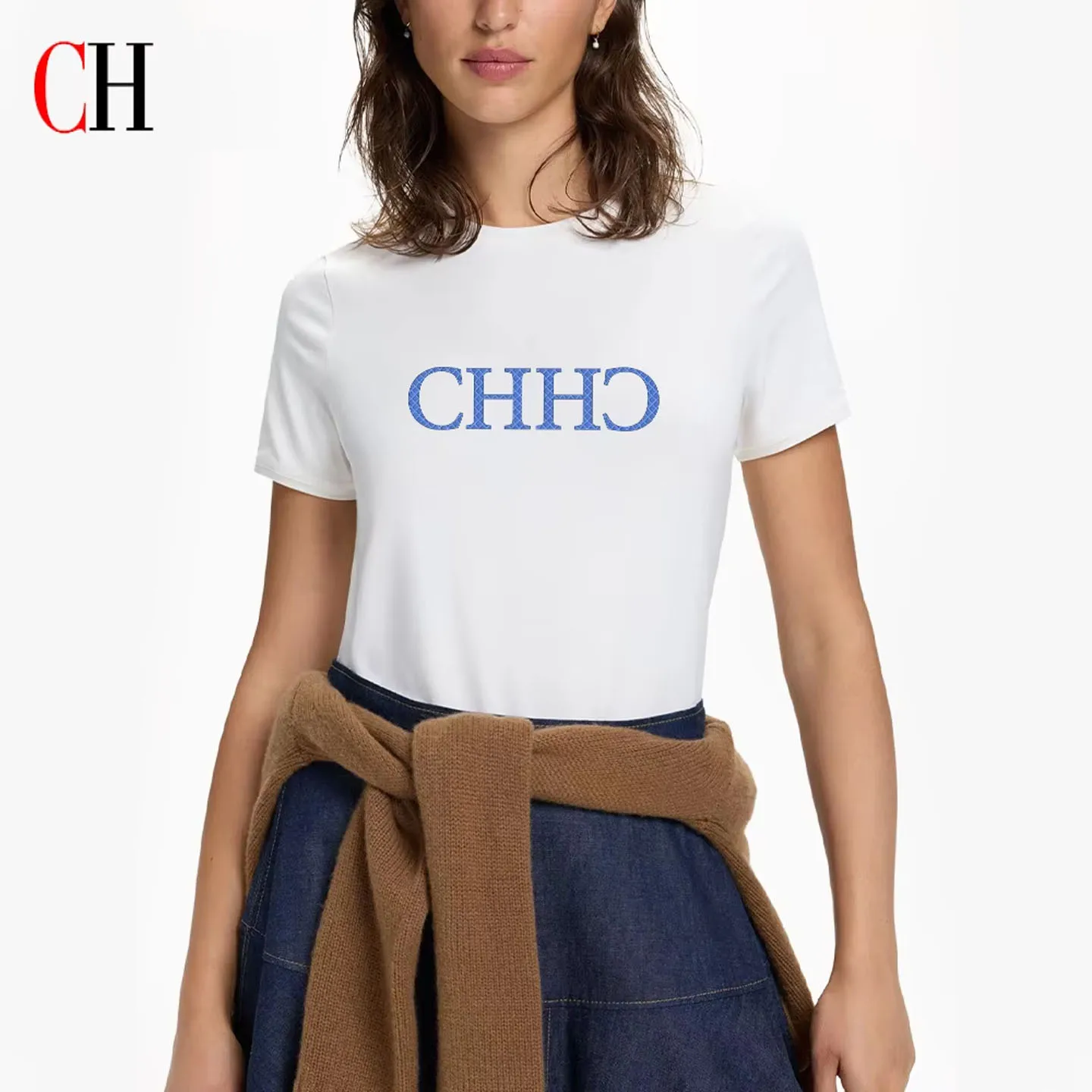 CH Women's Mirror Letter Print T-Shirt Short Sleeve Crew Neck Casual Loose Tee Summer Fashion Streetwear Top