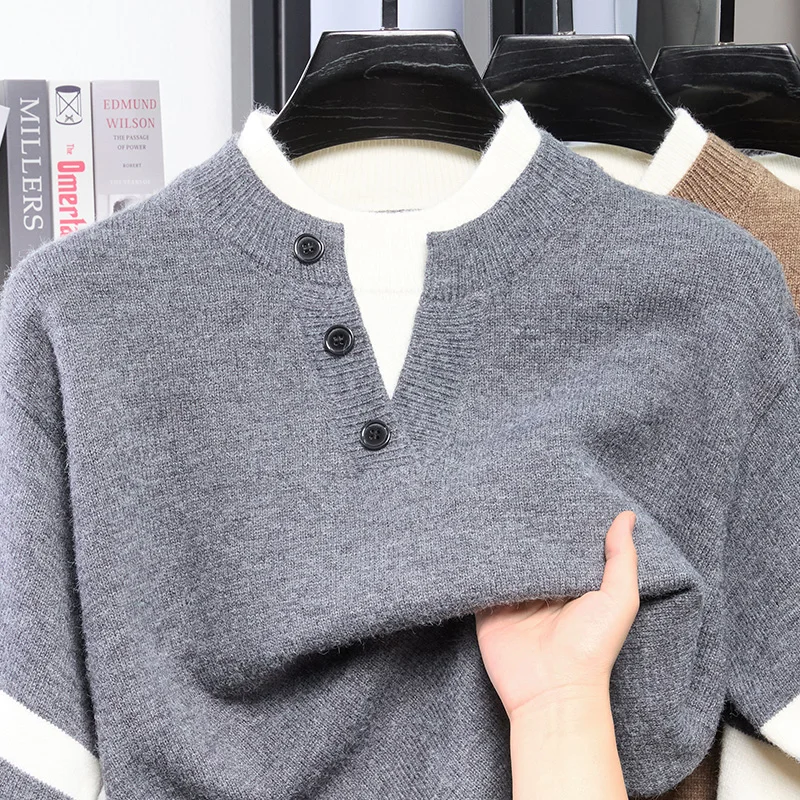 Amerikanischer Retro V-Ausschnitt Strickpullover für Herren, Neuheit 2026, Fake-Zweiteiler Gestreifter Kontrast-Pullover, Hochwertiges Casual-Oberteil – Detail 8