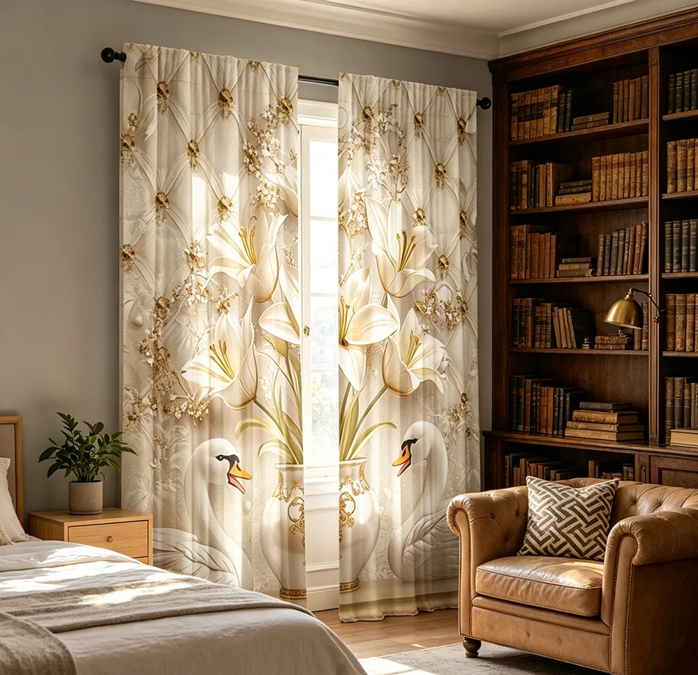 2PCS Digital Printed Curtains, Swan Lily Floral Pattern, Elegant Romantic Dreamy Style for Living Room Bedroom Home Decor