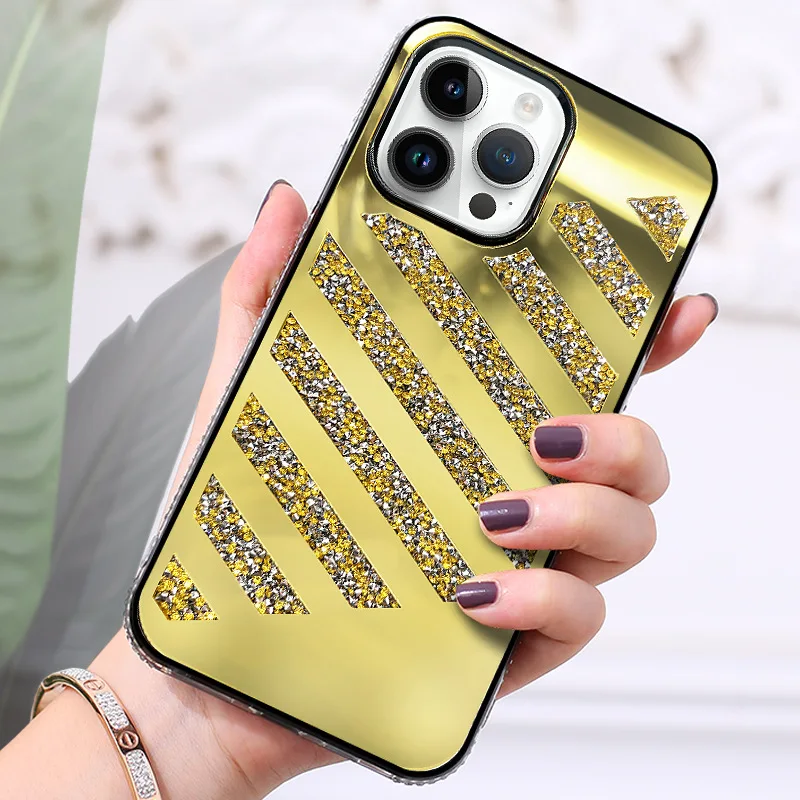 Cross-border new applicable apple 15promax striped mirror rhinestone phone case iphone14 protective case