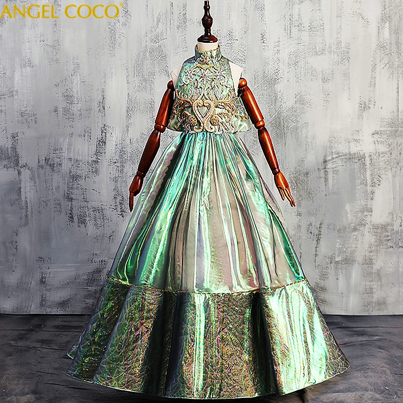 Magic Green Beauty Pageant Winner Dress For Girls Costume Long Party Wedding Dress Childrens Evening Dress Teenage Girl Clothing