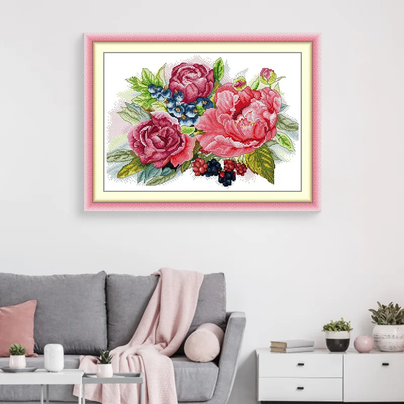 

Soulgift New Pre-Printed Cross Stitch Kit, Stamped 9CT/11CT/14CT/16CT DMC Threads, Embroidery kit - Flowers & Berries