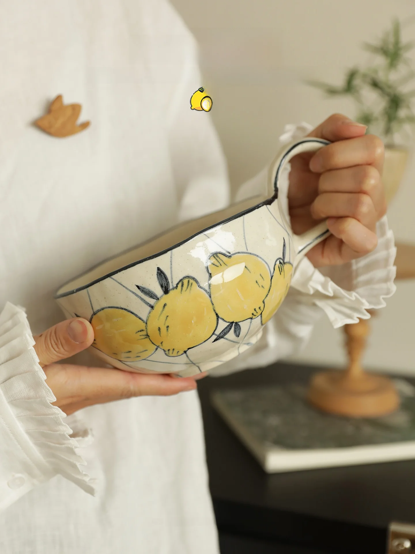 

Original Large Capaci Cerc Bowl with Handle Lemon Design Double Ear Bowl for Noodles And Soup High Aesthetic Value Movin...