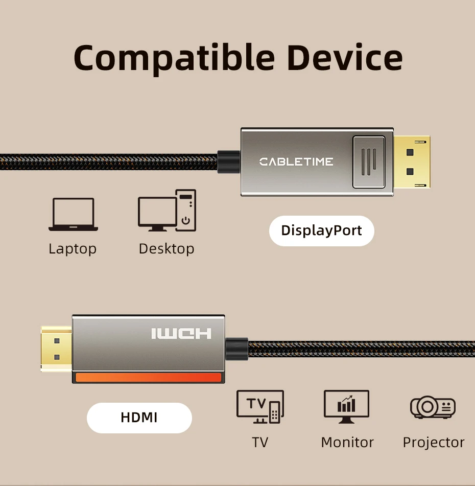 CABLETIME Displayport-zu-HDMI-Kabel 8K 60 Hz 4K Zinklegierung HDR 10 für Desktop-TV-Monitor LG Dell Snap DP1.4 HDMI 2.1-Kabel – Detail 13