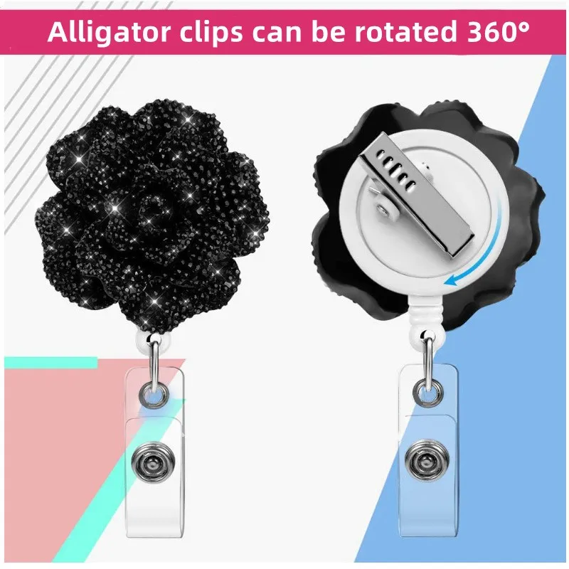 Retractable Badge Reel Glitter Rose ID Holder with 360 Swivel Alligator Clip for Nurse Students Staff Name Tag Waist Buckle