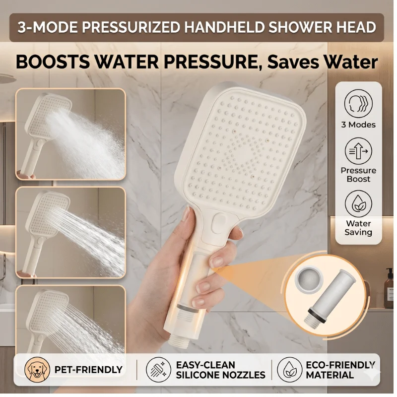 

High Pressure Shower Head 3 Modes Pressurized Handheld Showerhead Water Saving One-key Switch Creamy White Bathroom Accessories