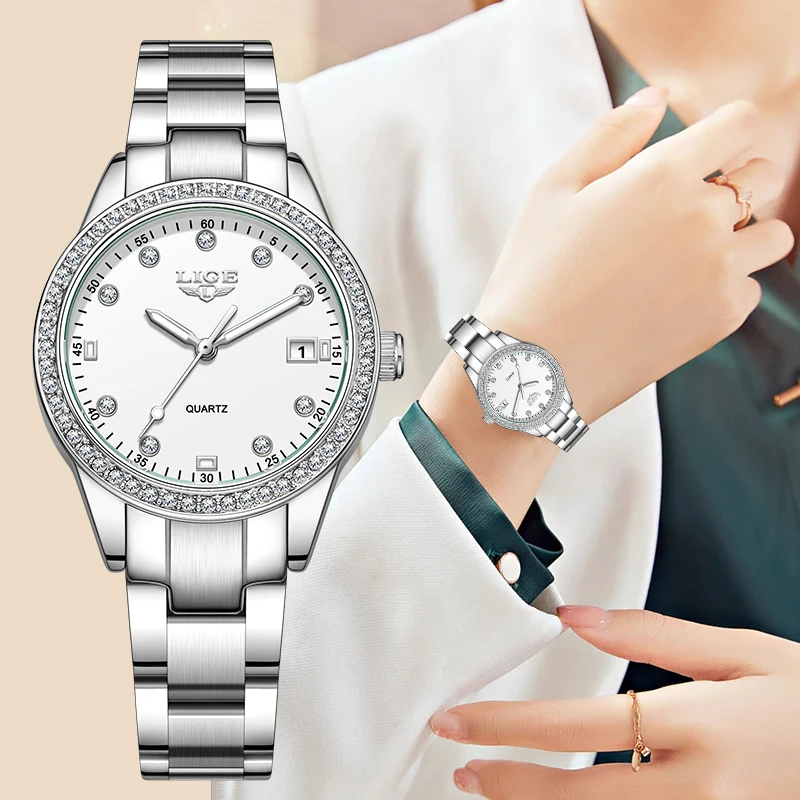 

New LIGE Fashion Luxury Quartz Watches for Woman Diamond Dial Stainless Steel Classic Elegant Waterproof Ladies Gift Women Watch